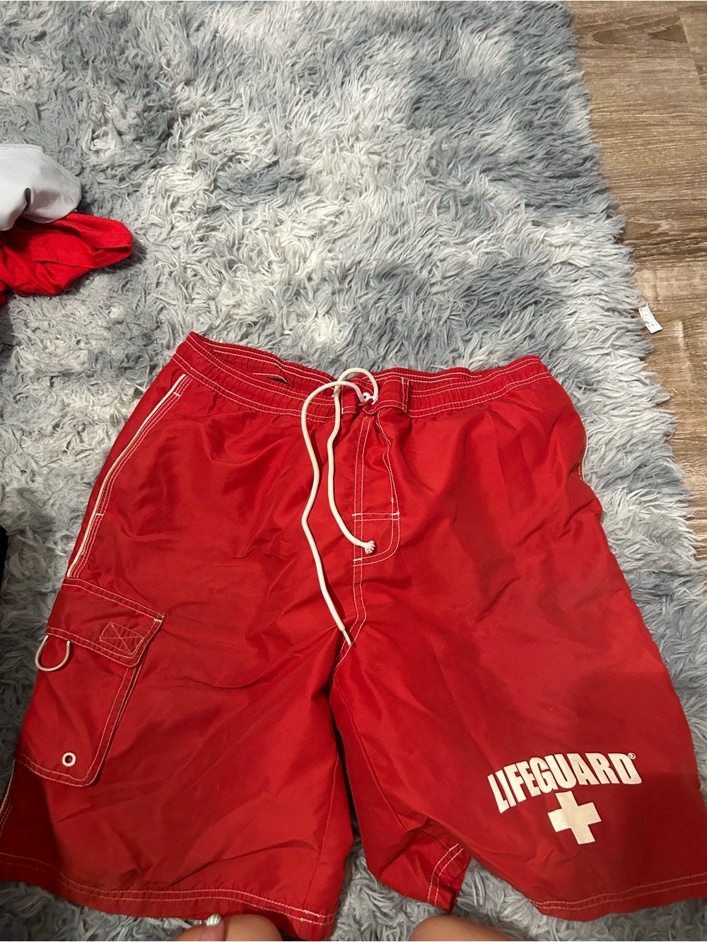 Men's Red Lifeguard Athletic Swim Shorts with Drawstring